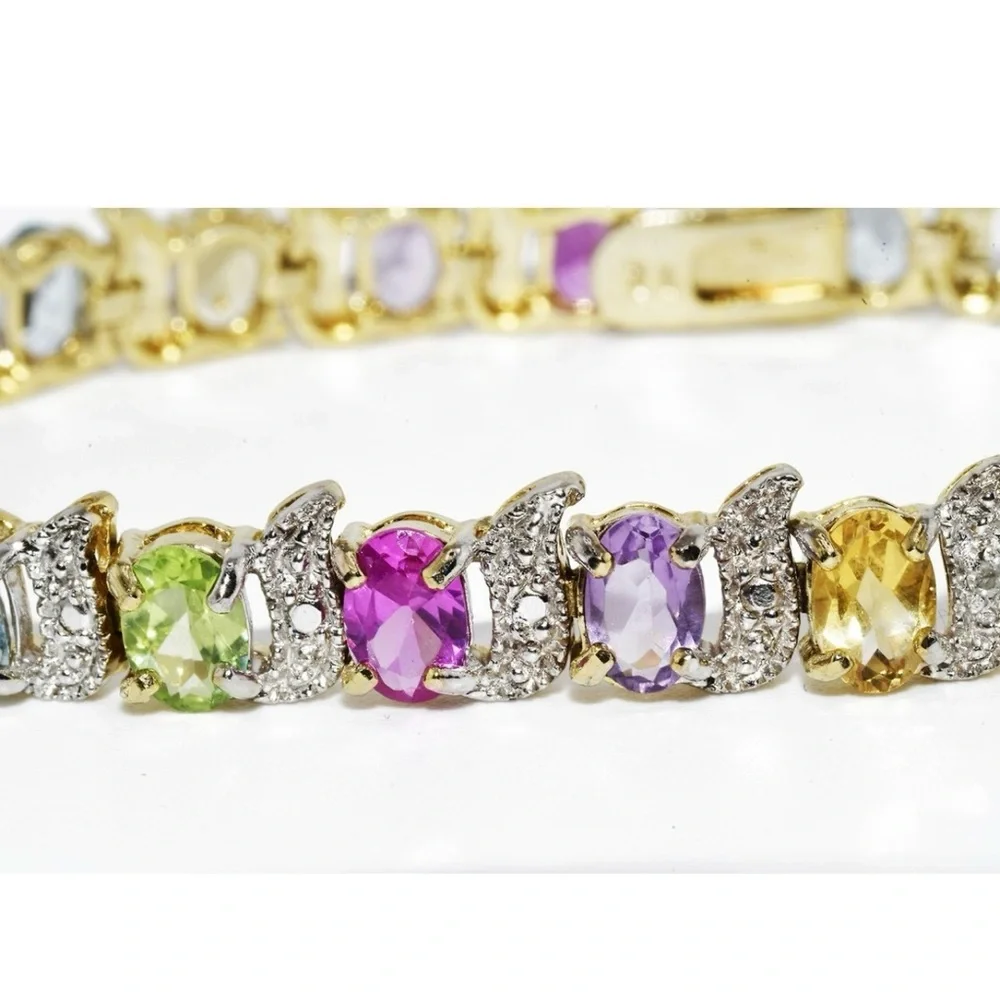 18K Yellow Gold over S/S, Gemstones 12.00CTW, Oval Bracelet w/Diamond Accent - Picture 8 of 13